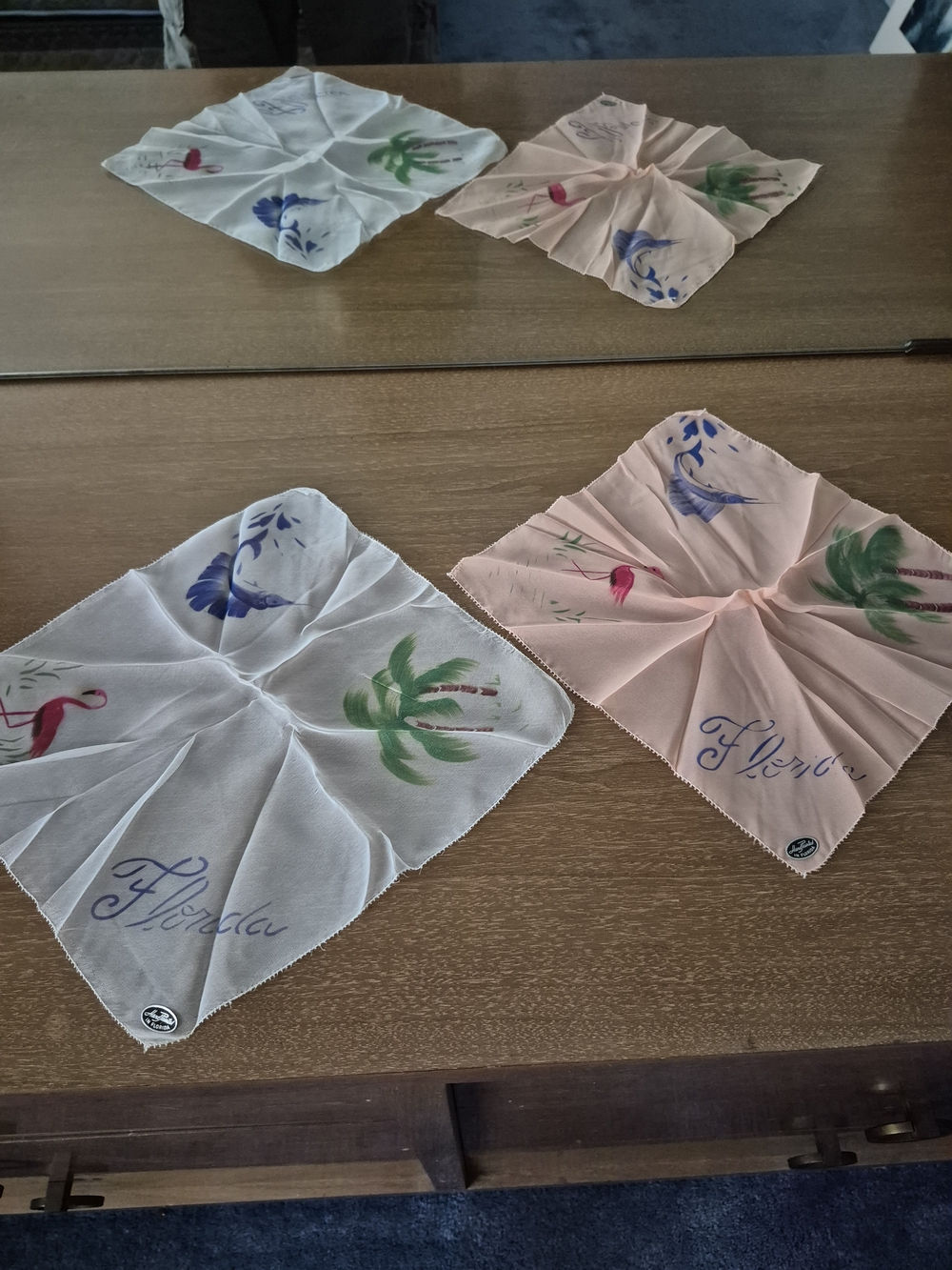 Vintage Hand Painted Florida Handkerchiefs Set -  Chiffon Pink & White